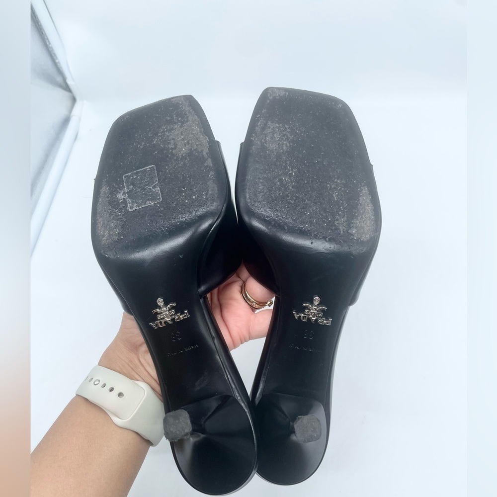 Prada Black leather logo plaque mid-heel mules EU 38 - Picture 5 of 11